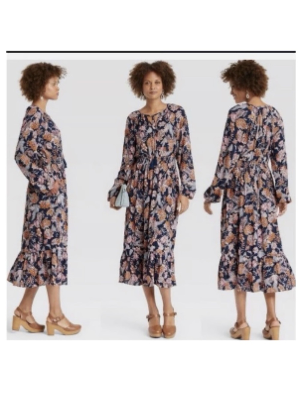 Knox Rose Navy Floral Long-Sleeve Smock Waist Boho Cottagecore Maxi Dress